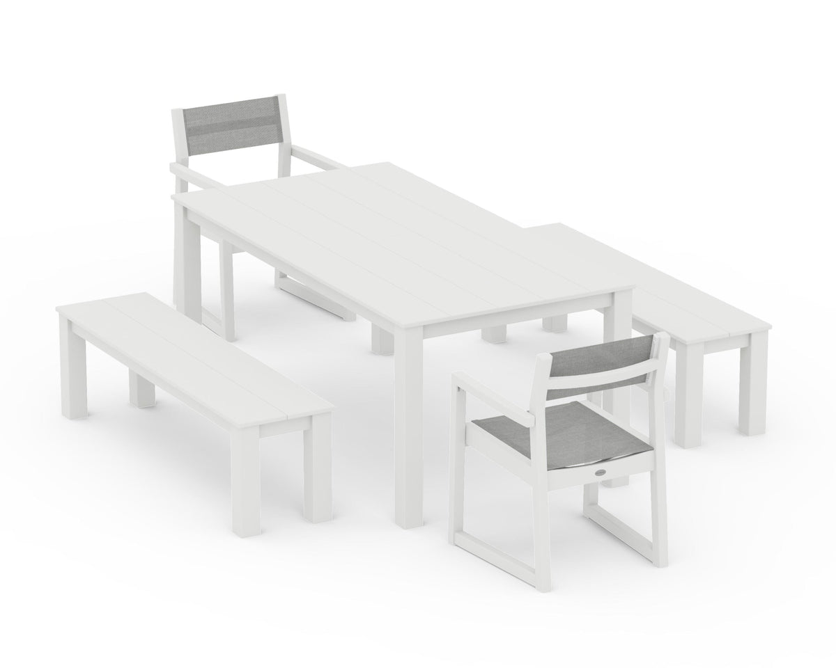 POLYWOOD EDGE Sling Arm Chair 5-Piece Parsons Dining Set with Benches in Vintage White / Metallic