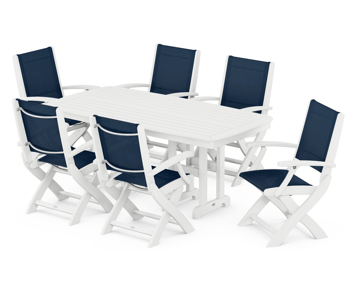 POLYWOOD Coastal Folding Arm Chair 7-Piece Dining Set in White / Navy Blue