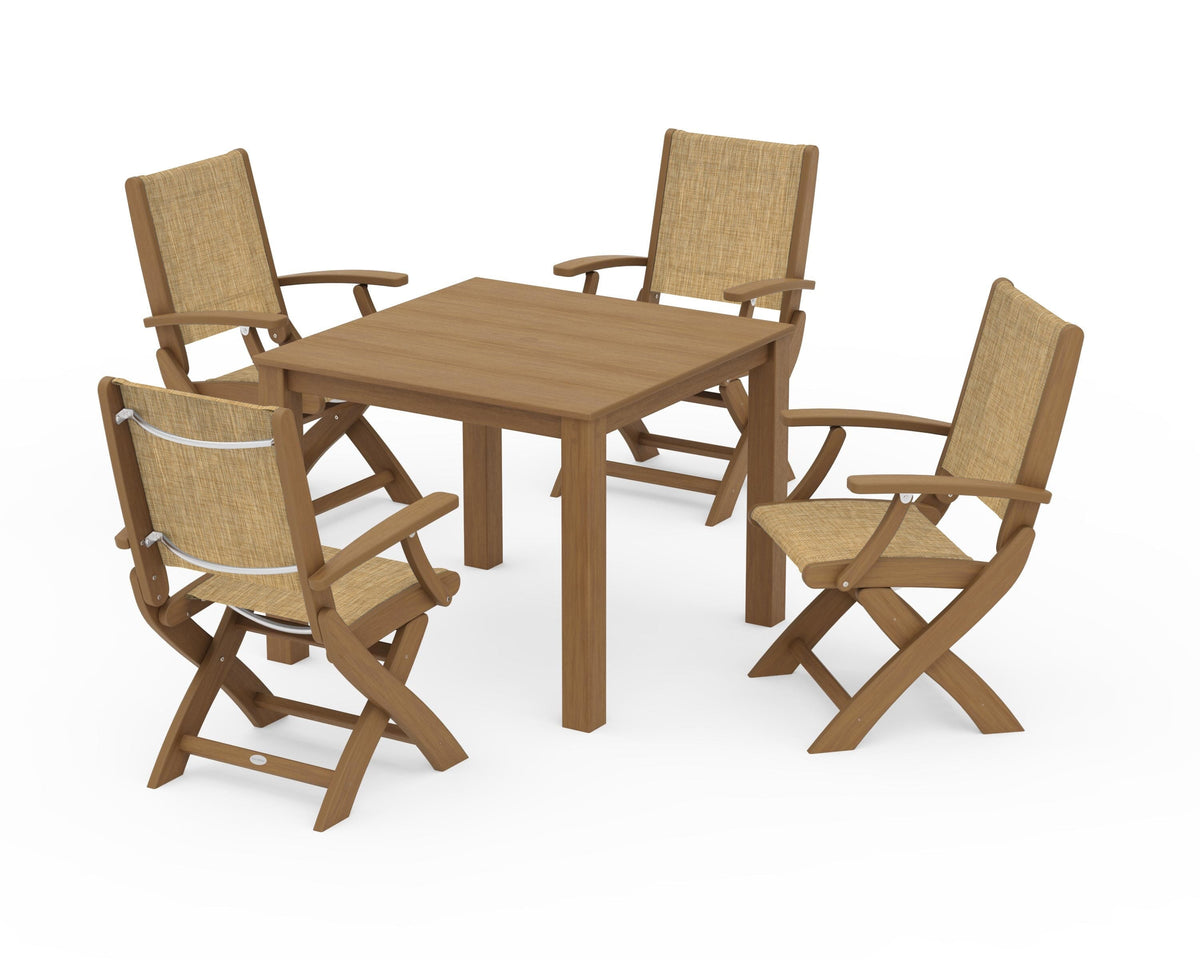 POLYWOOD Coastal Folding Chair 5-Piece Parsons Dining Set in Natural / Burlap