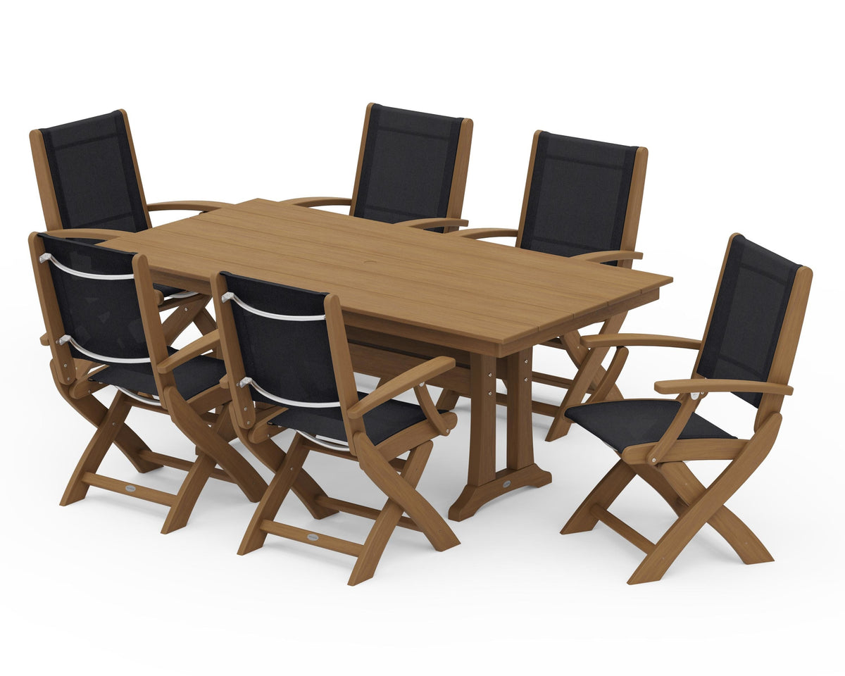 POLYWOOD Coastal Folding Arm Chair 7-Piece Farmhouse Dining Set with Trestle Legs in Natural / Black