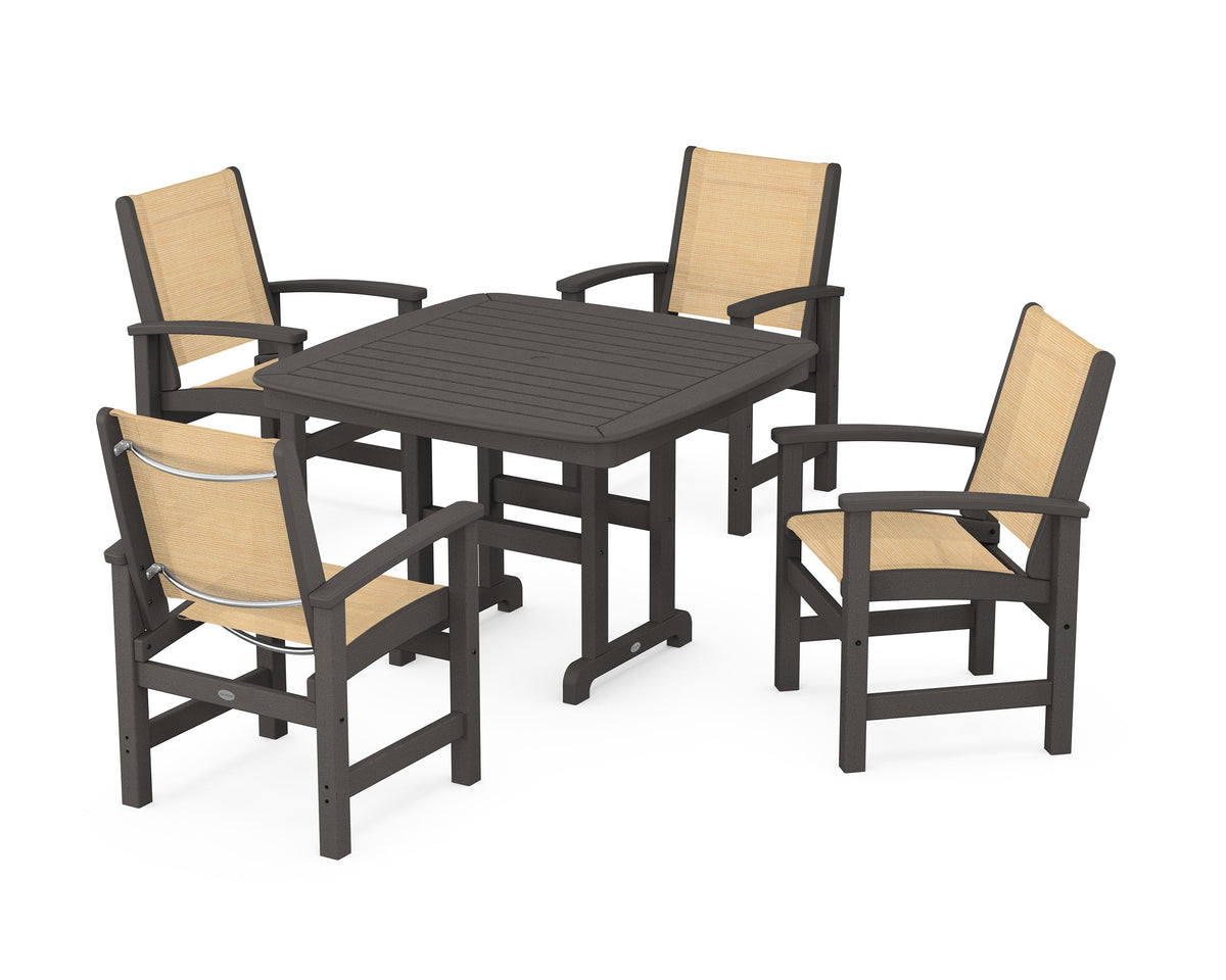 POLYWOOD Coastal 5-Piece Dining Set with Nautical 44" Dining Table in Vintage Coffee / Dupioni Apricot