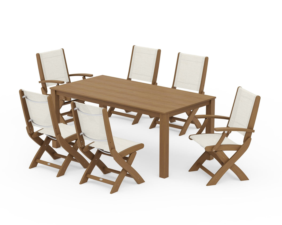 POLYWOOD Coastal Folding Chair 7-Piece Parsons Dining Set with Coastal Folding Side Chair in Natural / Parchment