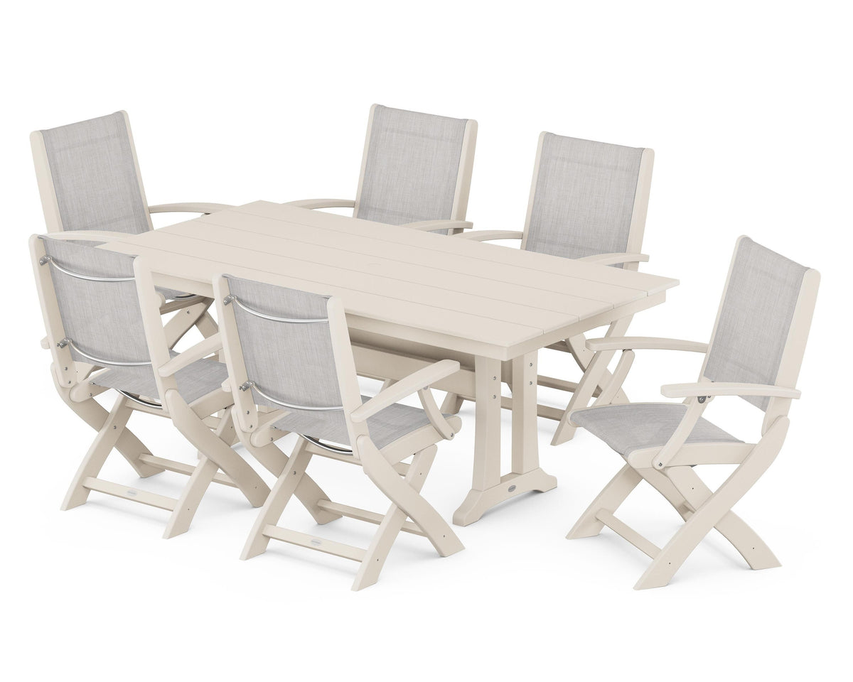 POLYWOOD Coastal Folding Arm Chair 7-Piece Farmhouse Dining Set with Trestle Legs in Sand / Parchment