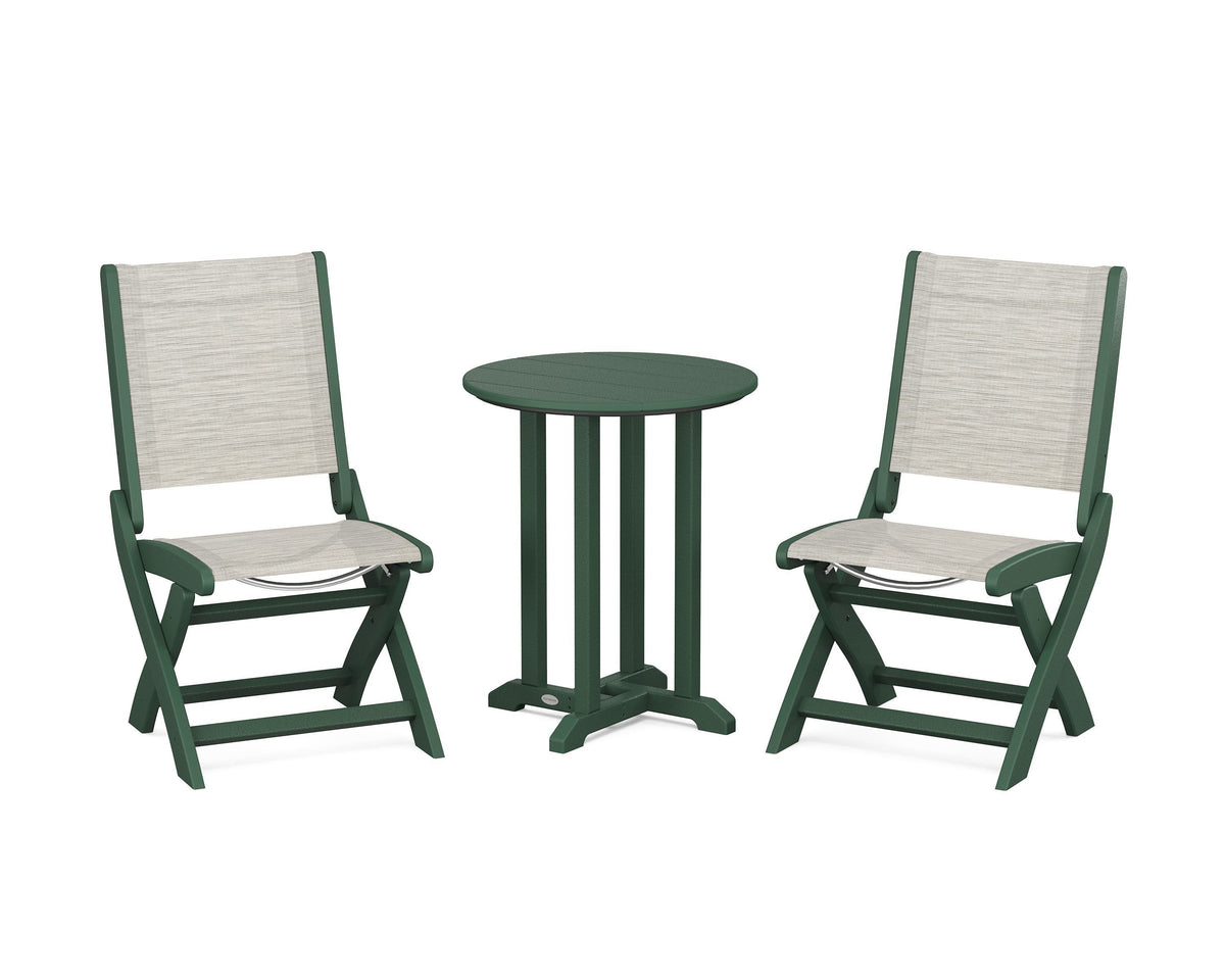 POLYWOOD Coastal Folding Side Chair 3-Piece Round Bistro Dining Set in Green / Birch