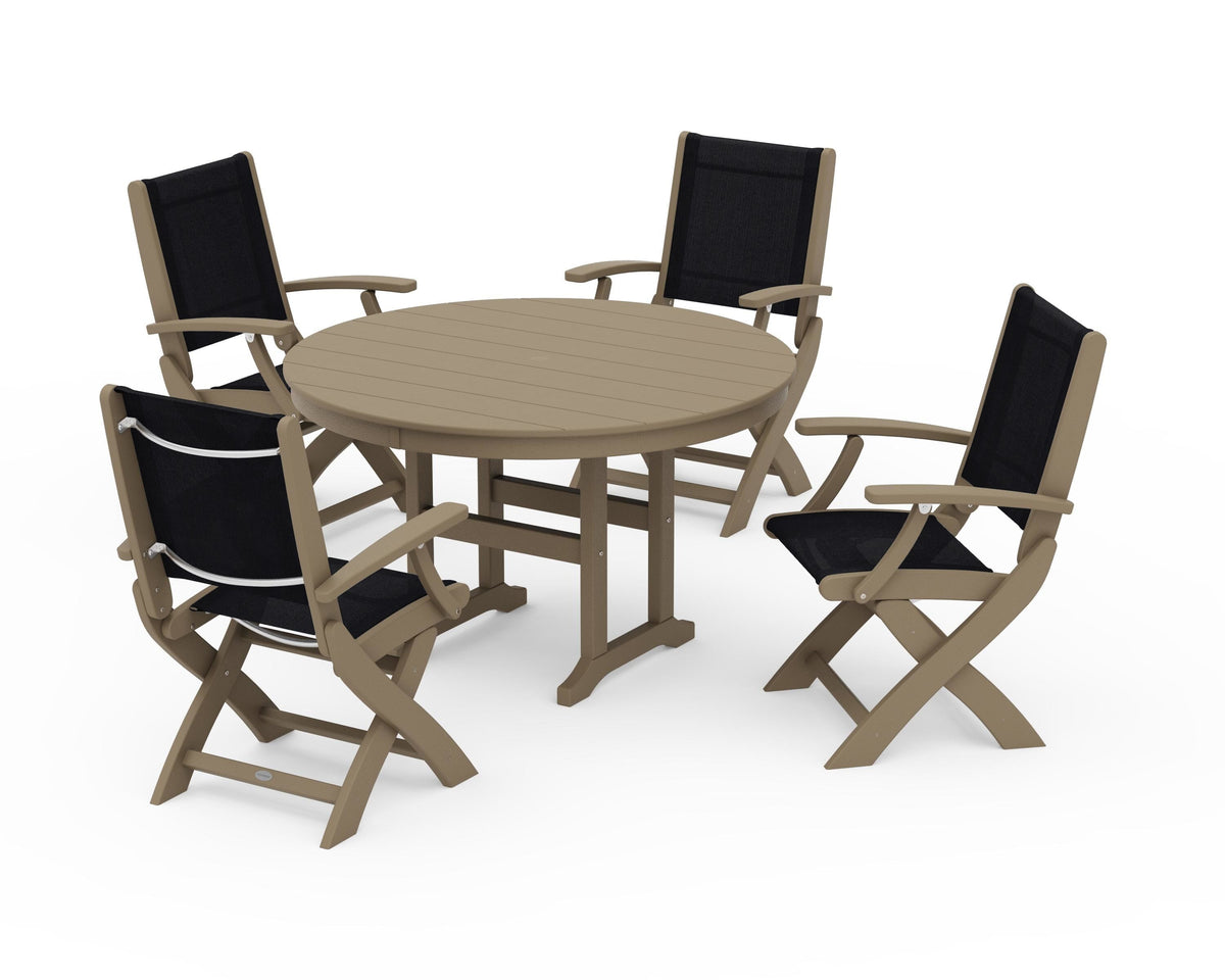 POLYWOOD Coastal Folding Chair 5-Piece Round Dining Set in Vintage Sahara / Black