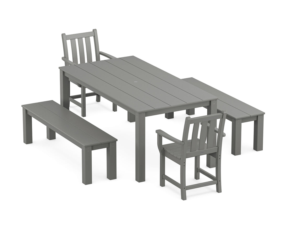 POLYWOOD Traditional Garden 5-Piece Parsons Dining Set with Benches in Slate Grey
