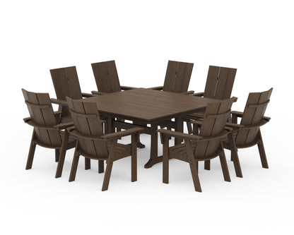 POLYWOOD Modern Curveback Adirondack 9-Piece Farmhouse Trestle Dining Set in Kona