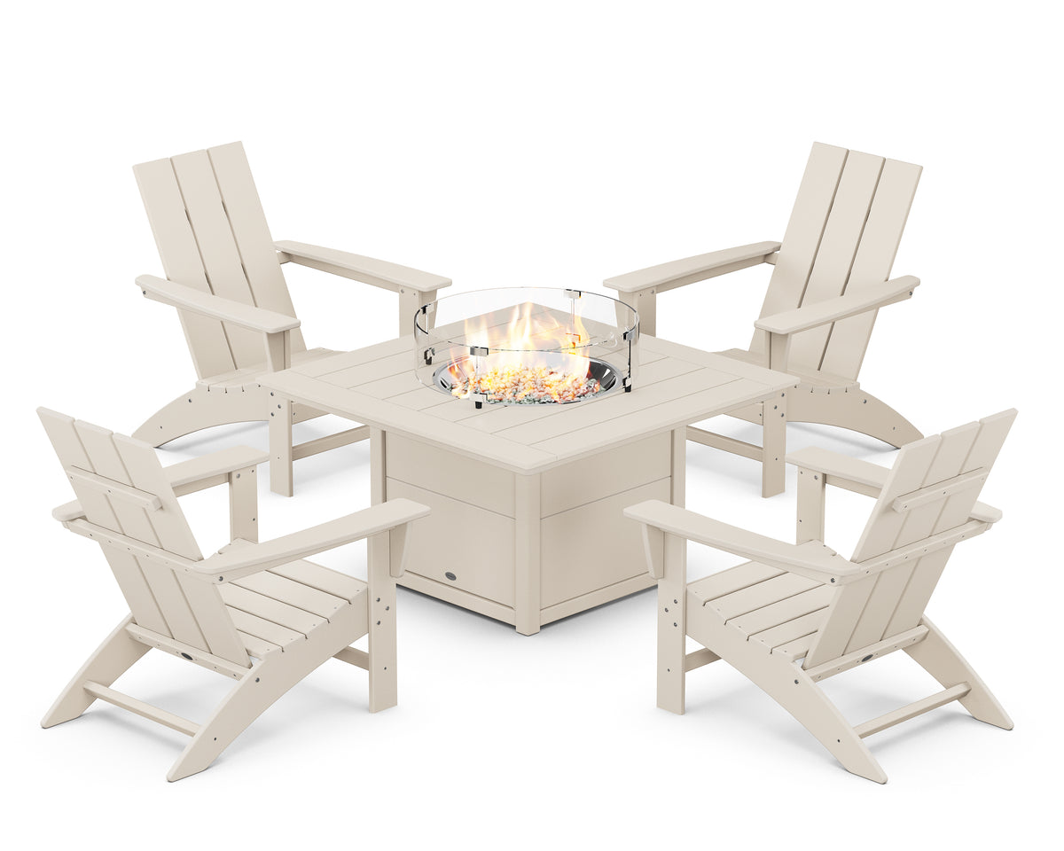 POLYWOOD Modern 5-Piece Adirondack Chair Conversation Set with Fire Pit Table in Sand