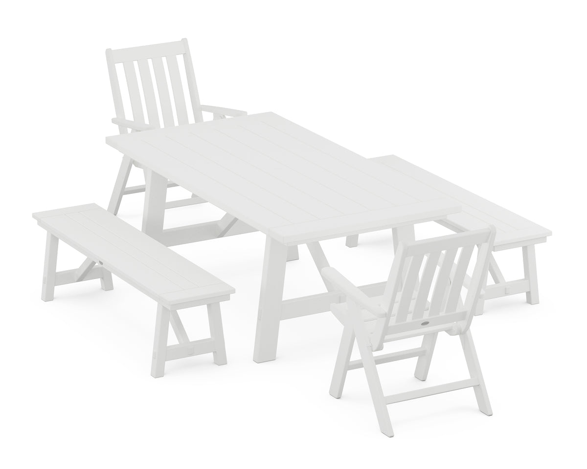 POLYWOOD Vineyard Folding Chair 5-Piece Rustic Farmhouse Dining Set with Benches in White