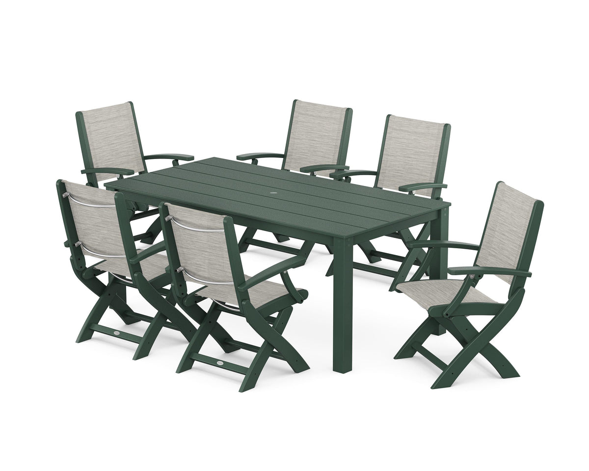 POLYWOOD Coastal Folding Chair 7-Piece Parsons Dining Set in Green / Birch