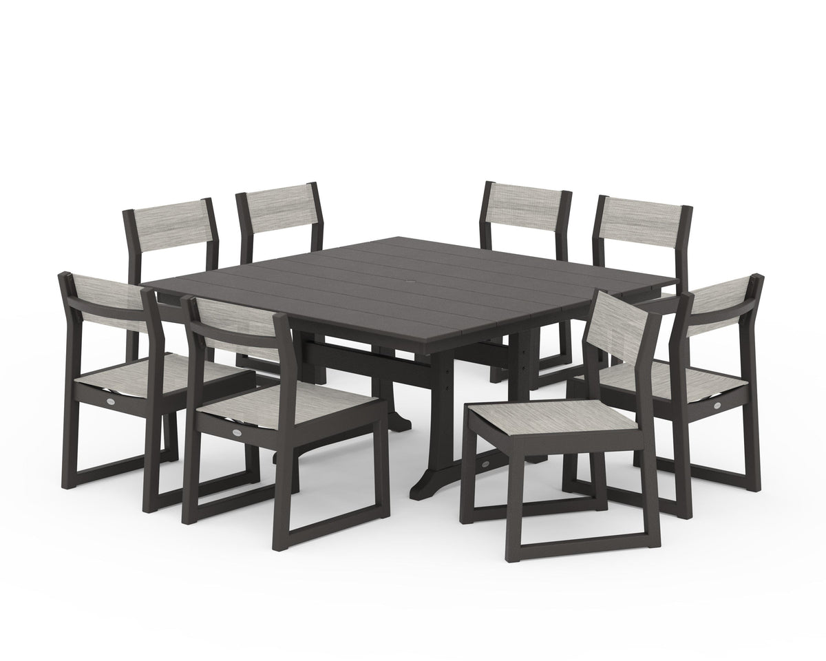 POLYWOOD EDGE Sling Side Chair 9-Piece Farmhouse Trestle Dining Set in Vintage Coffee / Birch