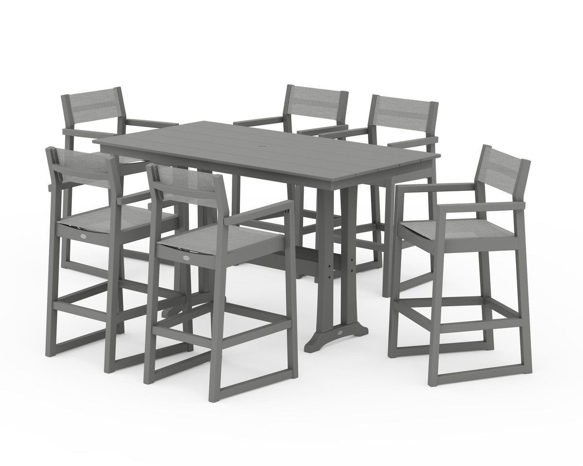 POLYWOOD EDGE Sling Arm Chair 7-Piece Farmhouse Bar Set with Trestle Legs in Slate Grey / Metallic