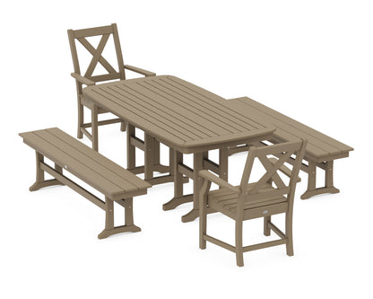 POLYWOOD Braxton 5-Piece Dining Set with Benches - 37" x 72" Table in Vintage Sahara