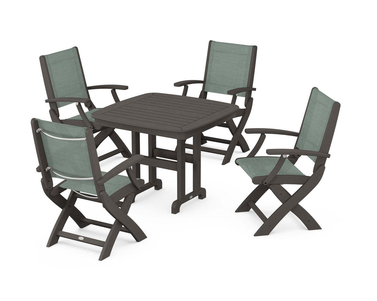 POLYWOOD Coastal Folding Chair 5-Piece Dining Set with Nautical 37" Dining Table in Vintage Coffee / Dupioni Sea Mist