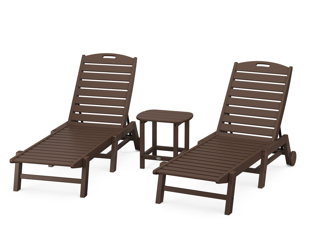 POLYWOOD Nautical 3-Piece Wheeled Chaise Set with South Beach 18" Side Table in Mahogany
