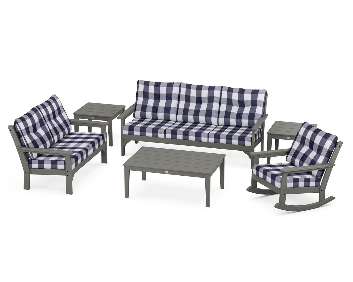 POLYWOOD Vineyard 6-Piece Deep Seating Set with Rocking Chair in Slate Grey / Buffalo Plaid Navy