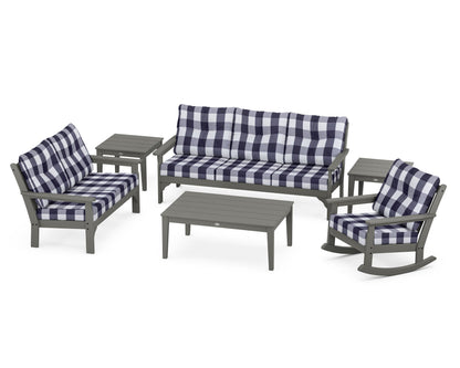 POLYWOOD Vineyard 6-Piece Deep Seating Set with Rocking Chair in Slate Grey / Buffalo Plaid Navy