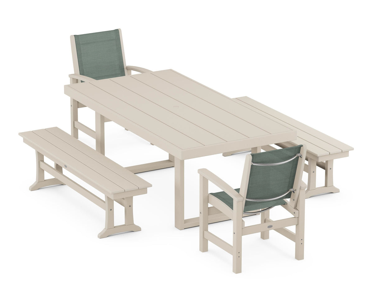POLYWOOD Coastal 5-Piece Dining Set with Trestle Legs with EDGE 40" x 78" Dining Table in Sand / Dupioni Sea Mist