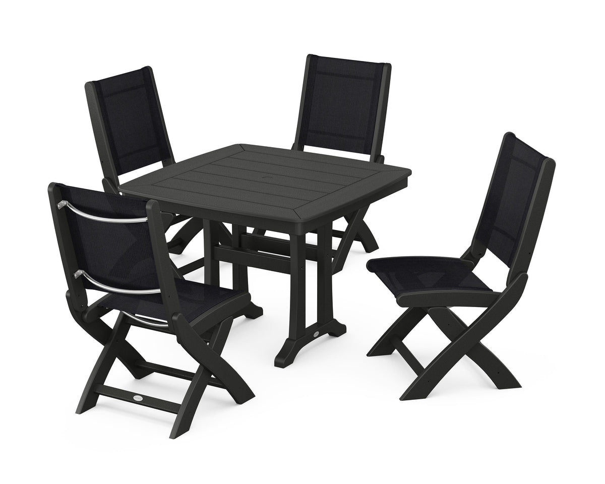 POLYWOOD Coastal Folding Side Chair 5-Piece Dining Set with Trestle Legs in Black / Black