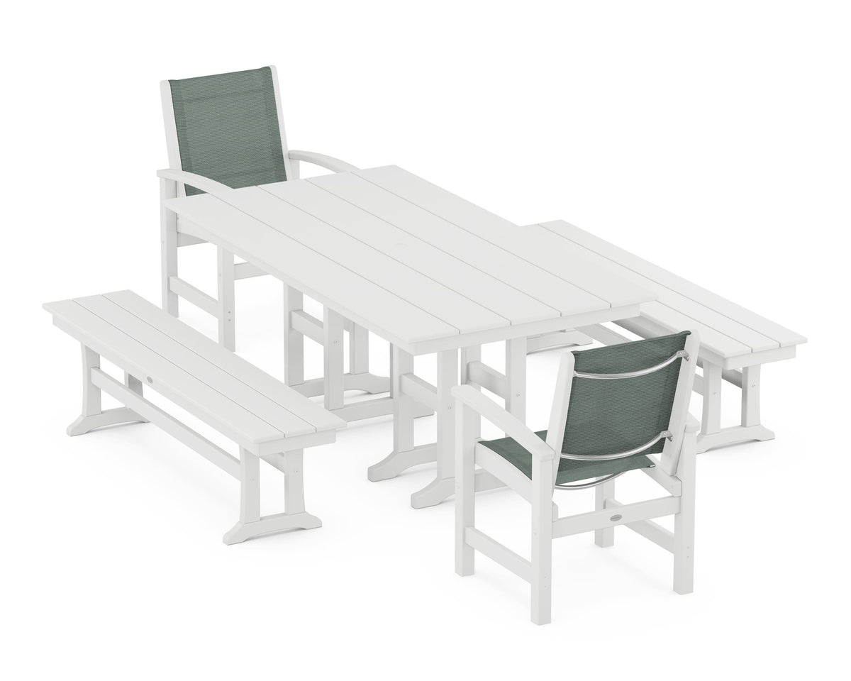 POLYWOOD Coastal 5-Piece Farmhouse Dining Set with Farmhouse 37" x 72" Dining Table in White / Dupioni Sea Mist