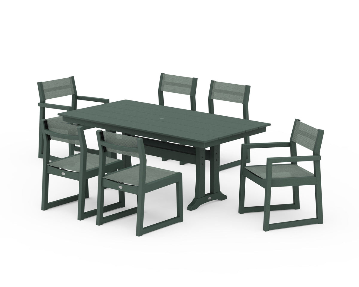 POLYWOOD EDGE Sling 7-Piece Farmhouse Trestle Dining Set in Green / Dupioni Sea Mist