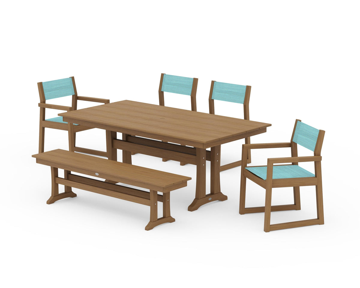 POLYWOOD EDGE Sling 6-Piece Farmhouse Dining Set With Trestle Legs in Natural / Dupioni Aquamarine