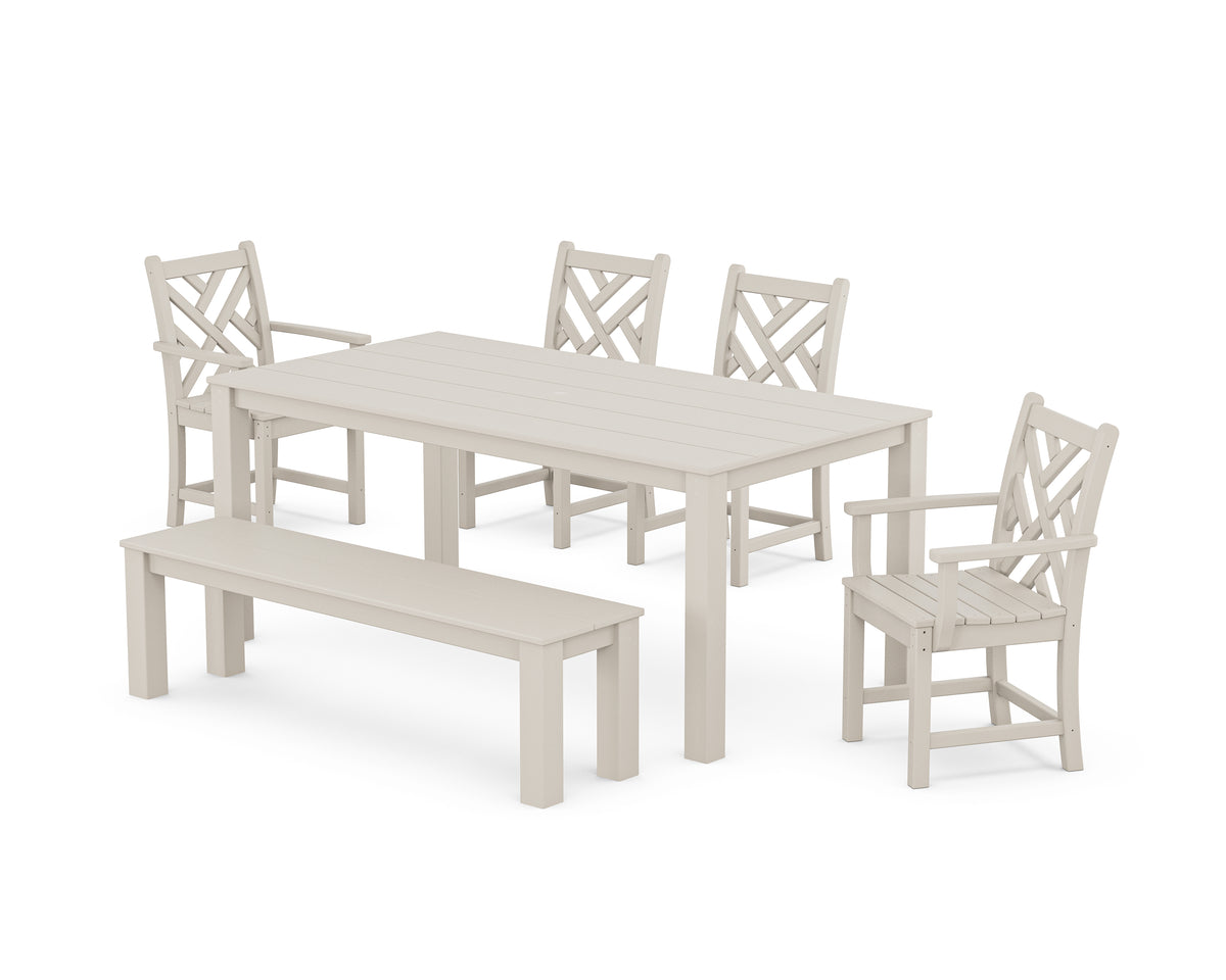 POLYWOOD Chippendale 6-Piece Parsons Dining Set with Bench with Chippendale Dining Side Chair in Sand