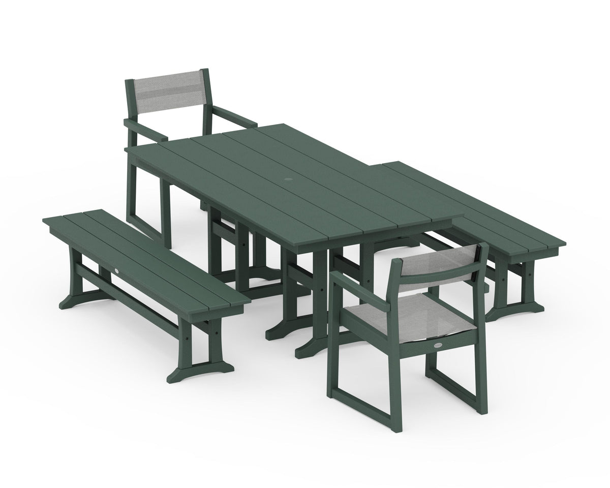 POLYWOOD EDGE Sling Arm Chair 5-Piece Farmhouse Dining Set with Benches in Green / Metallic