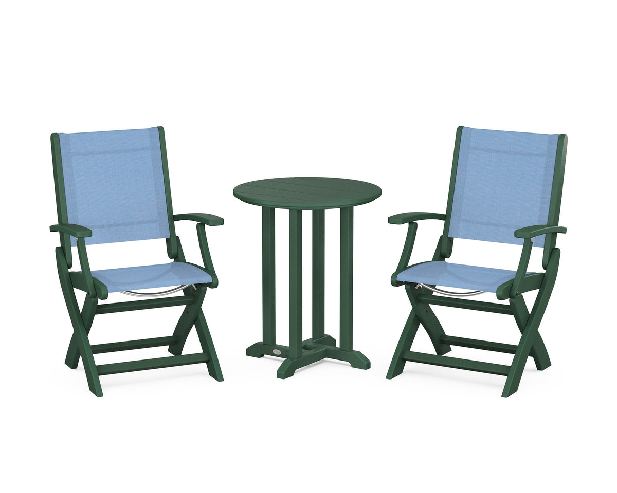 POLYWOOD Coastal Folding 3-Piece Round Bistro Dining Set in Green / Poolside