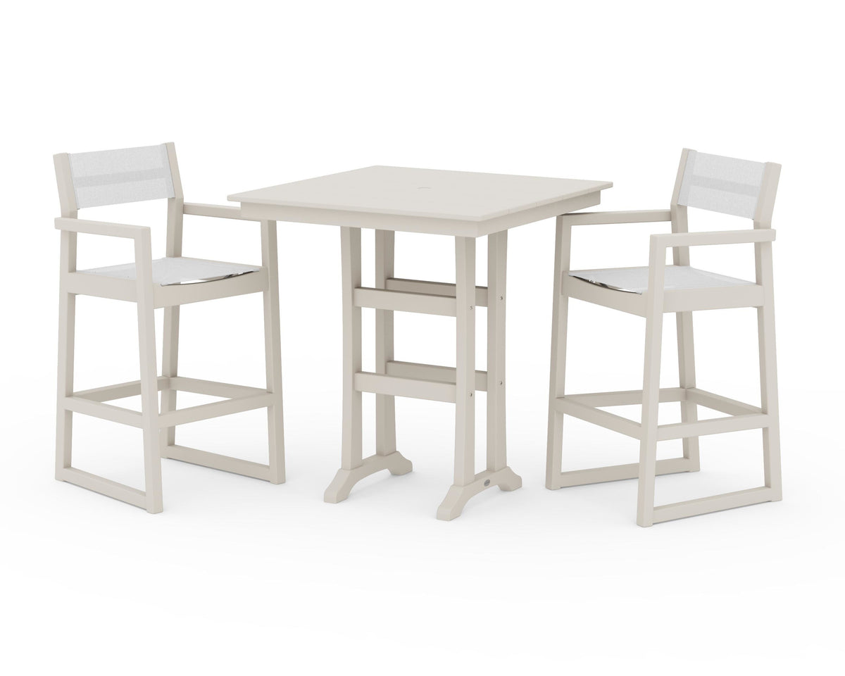 POLYWOOD EDGE Sling Arm Chair 3-Piece Farmhouse Bar Set with Trestle Legs in Sand / White