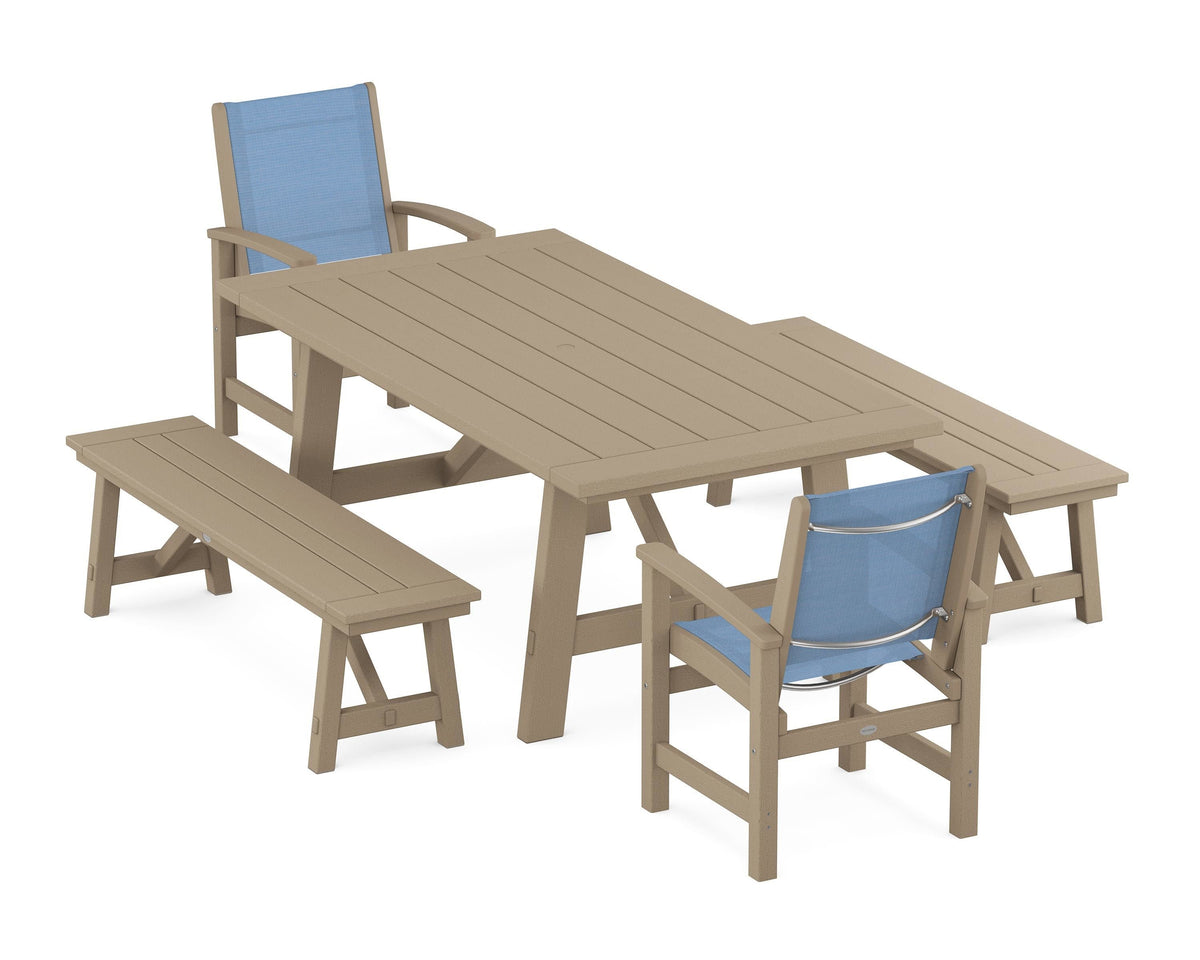 POLYWOOD Coastal 5-Piece Rustic Farmhouse Dining Set With Benches in Vintage Sahara / Poolside