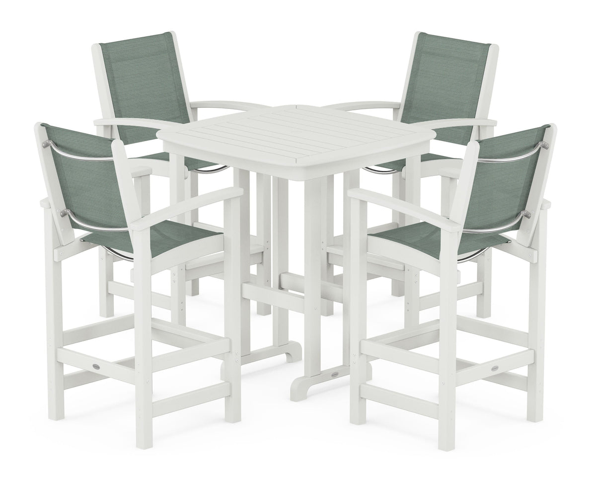POLYWOOD Coastal 5-Piece Bar Set in Vintage White / Dupioni Sea Mist