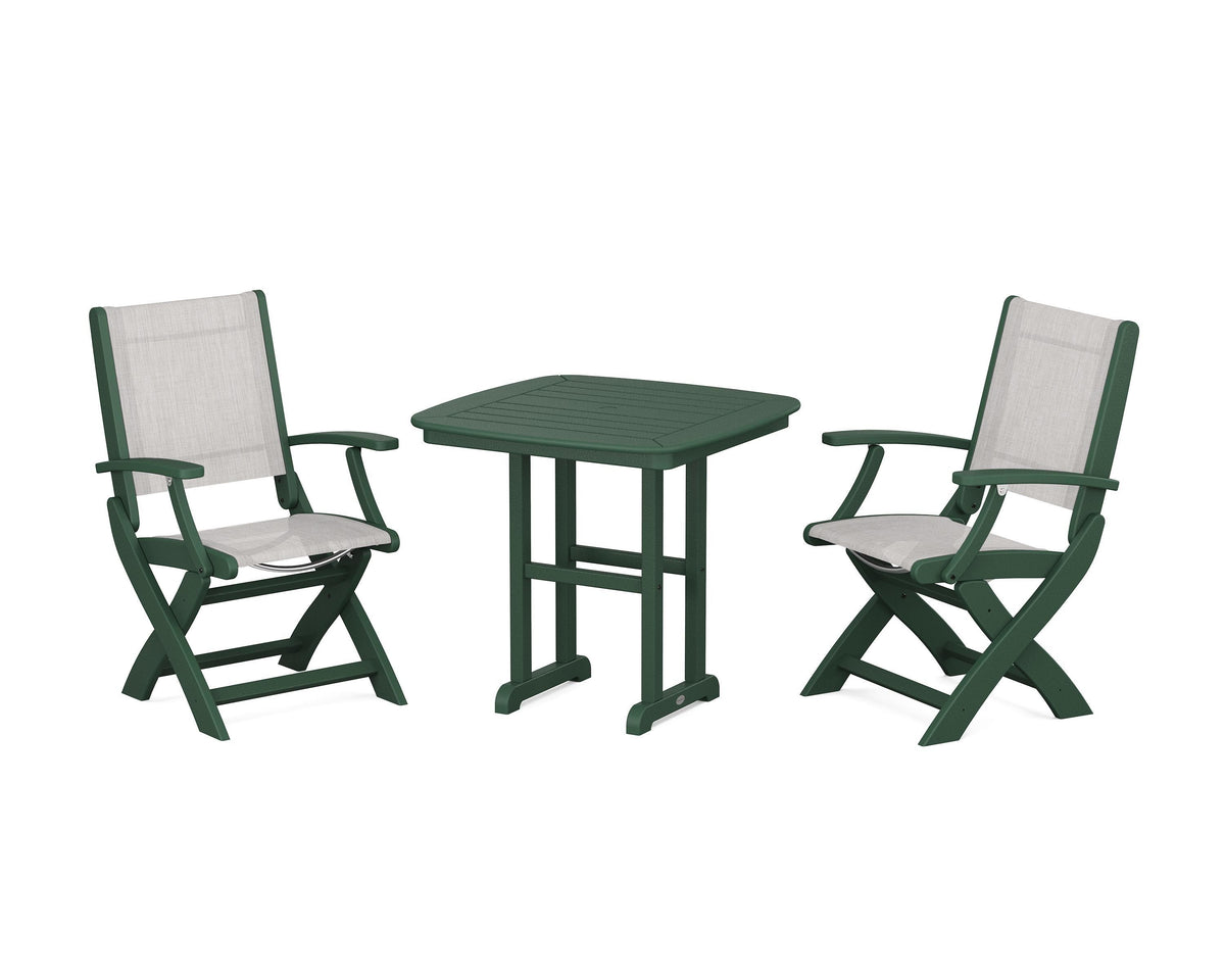 POLYWOOD Coastal Folding Chair 3-Piece Dining Set in Green / Parchment