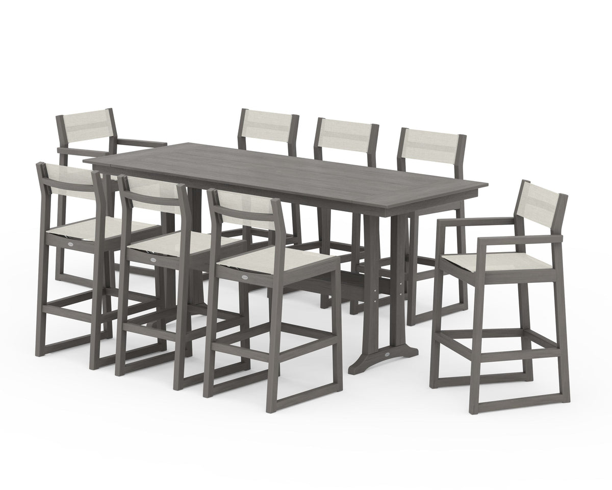 POLYWOOD EDGE Sling 9-Piece Farmhouse Bar Set with Trestle Legs in Driftwood / Parchment