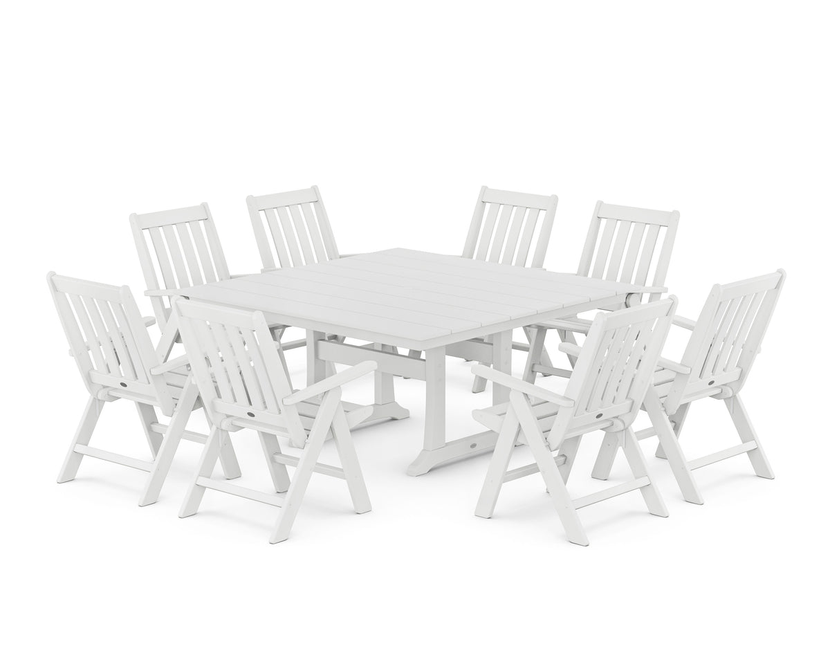 POLYWOOD Vineyard Folding Chair 9-Piece Square Farmhouse Dining Set with Trestle Legs in White