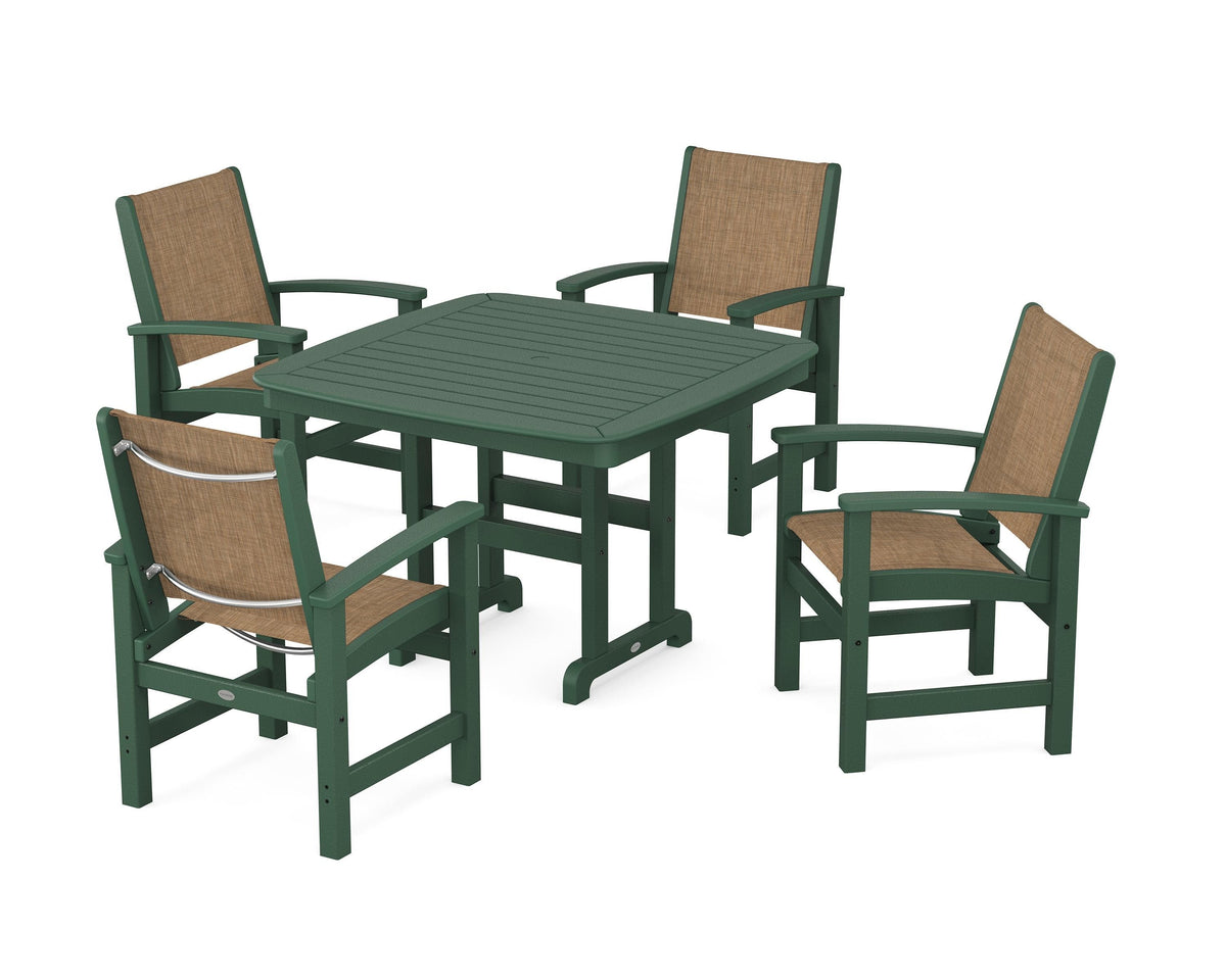 POLYWOOD Coastal 5-Piece Dining Set with Nautical 44" Dining Table in Green / Burlap