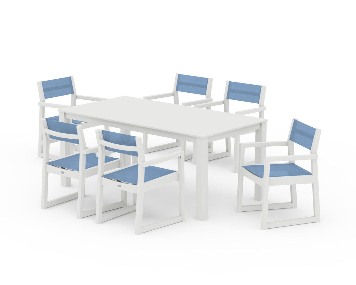 POLYWOOD EDGE Sling Arm Chair 7-Piece Parsons Dining Set in Vintage White / Poolside