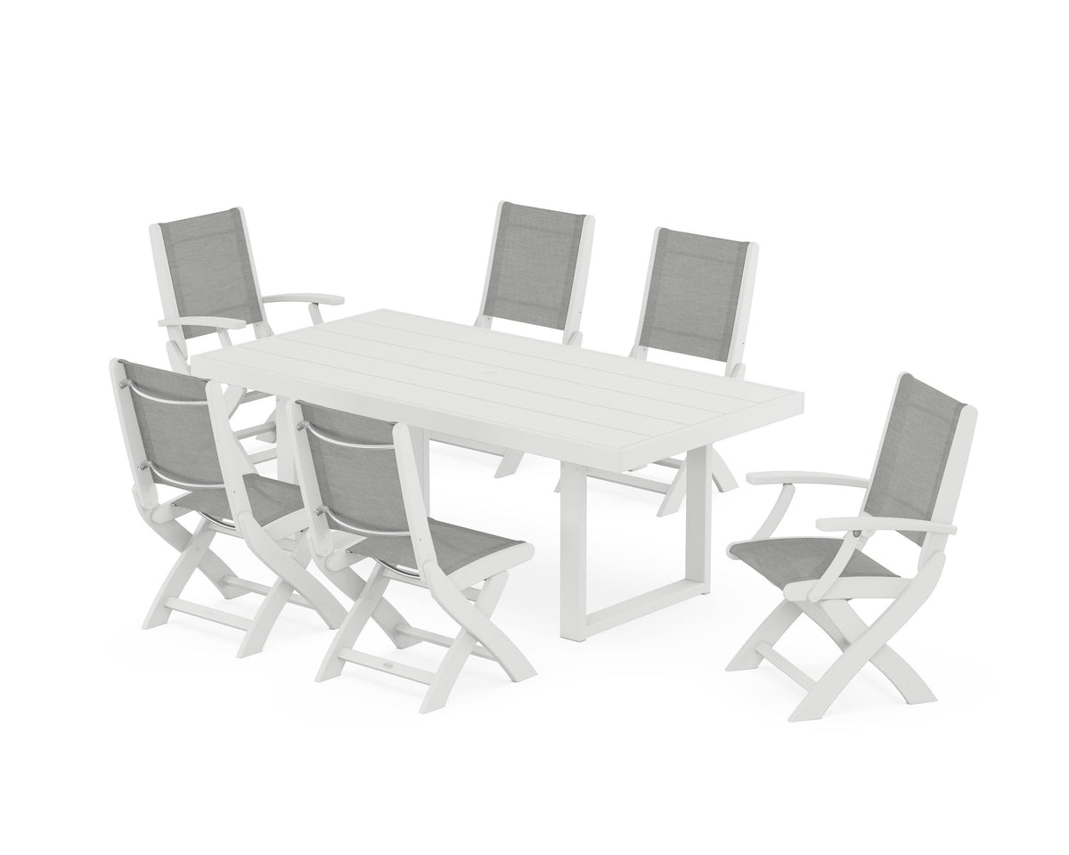 POLYWOOD Coastal Folding Chair 7-Piece Dining Set with Trestle Legs with EDGE 40" x 78" Dining Table in White / Metallic