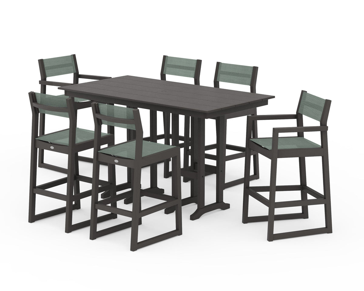 POLYWOOD EDGE Sling 7-Piece Farmhouse Bar Set in Vintage Coffee / Dupioni Sea Mist