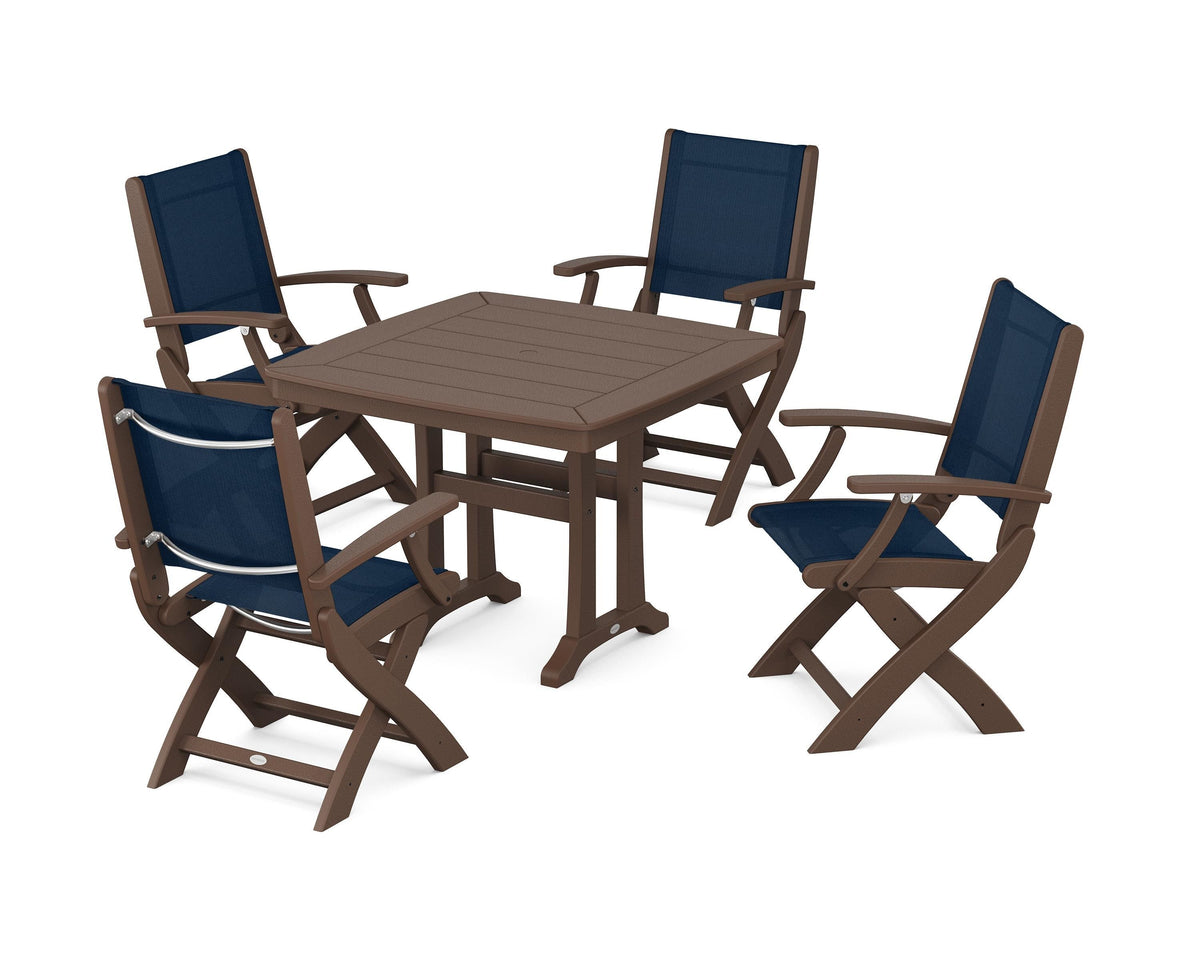 POLYWOOD Coastal Folding Chair 5-Piece Dining Set with Trestle Legs in Mahogany / Navy Blue