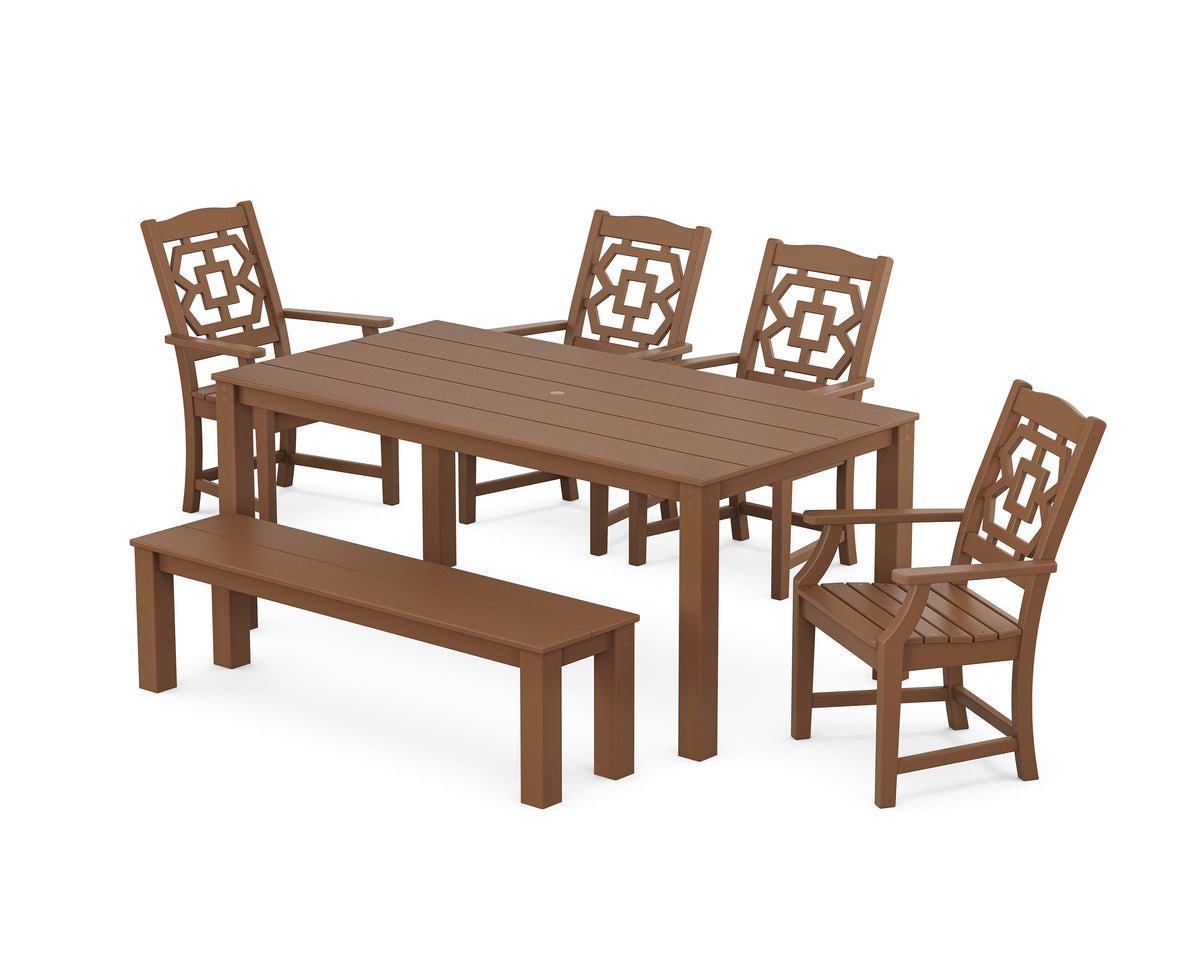 POLYWOOD Chinoiserie 6-Piece Parsons Dining Set with Bench in Teak