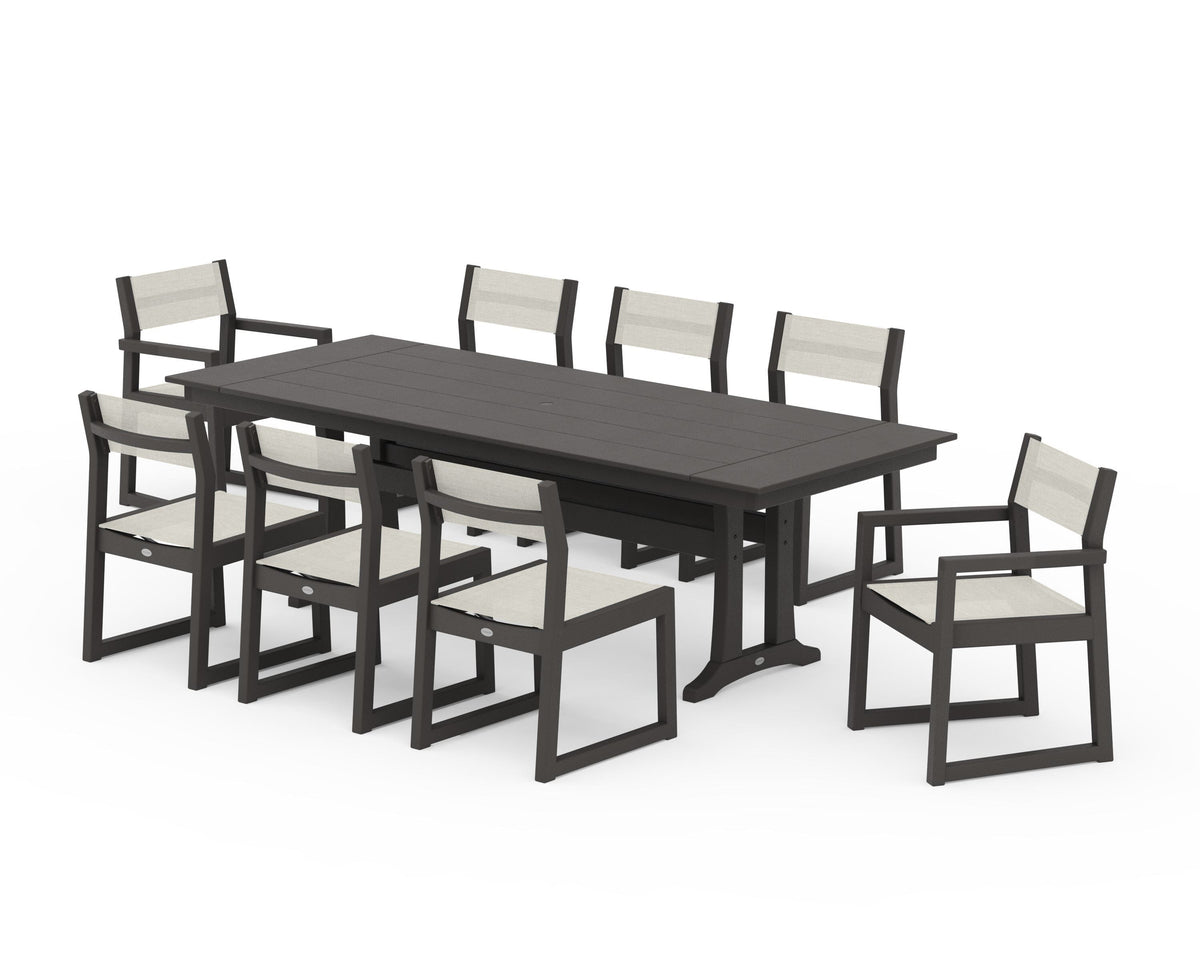 POLYWOOD EDGE Sling 9-Piece Farmhouse Trestle Dining Set in Vintage Coffee / Parchment