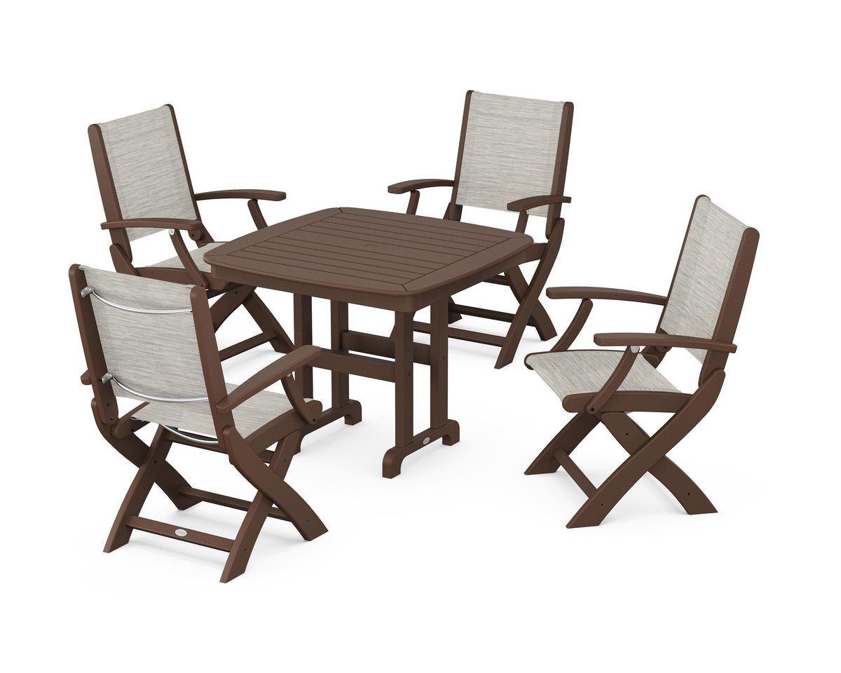 POLYWOOD Coastal Folding Chair 5-Piece Dining Set with Nautical 37" Dining Table in Mahogany / Birch