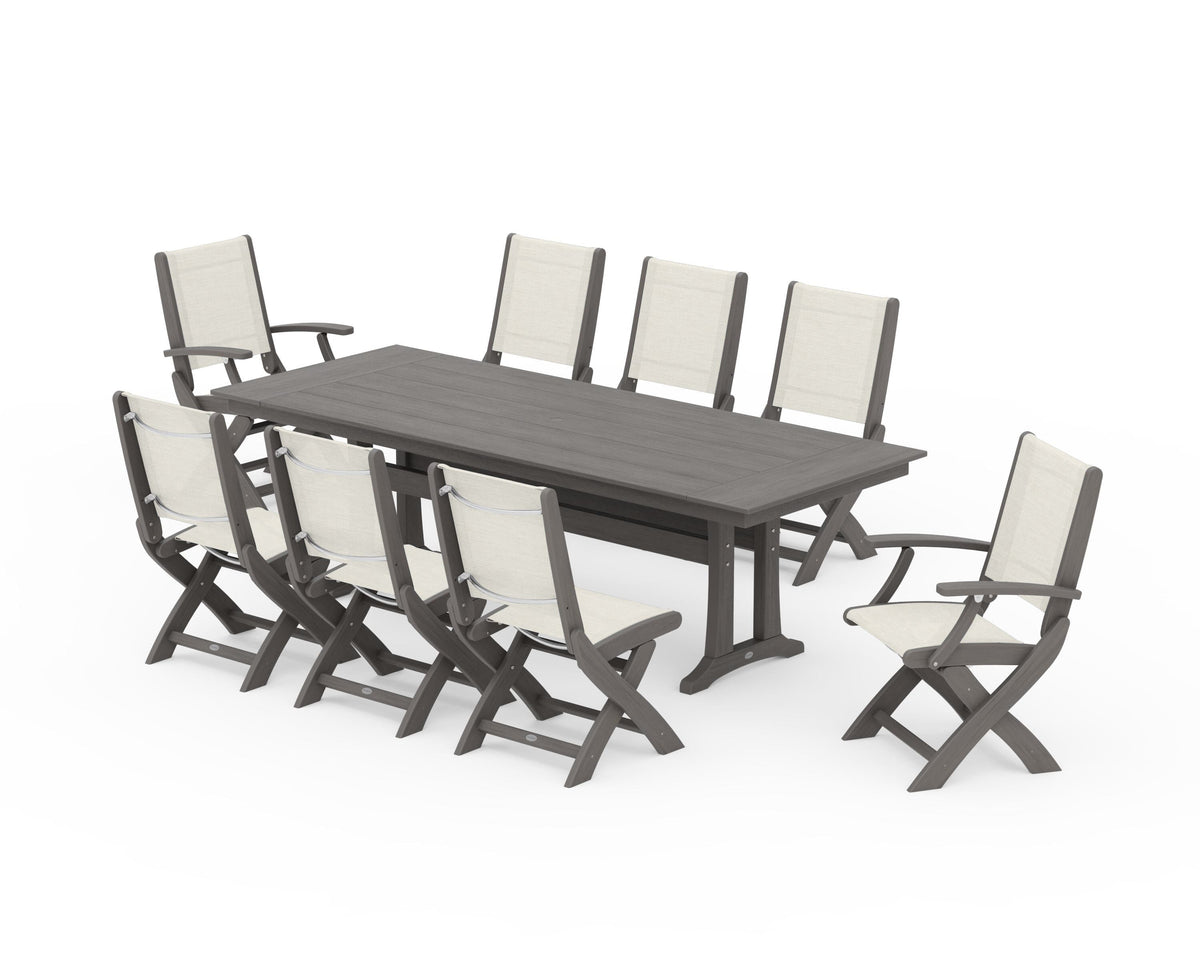 POLYWOOD Coastal 9-Piece Folding Dining Chair Farmhouse Dining Set with Trestle Legs in Driftwood / Parchment