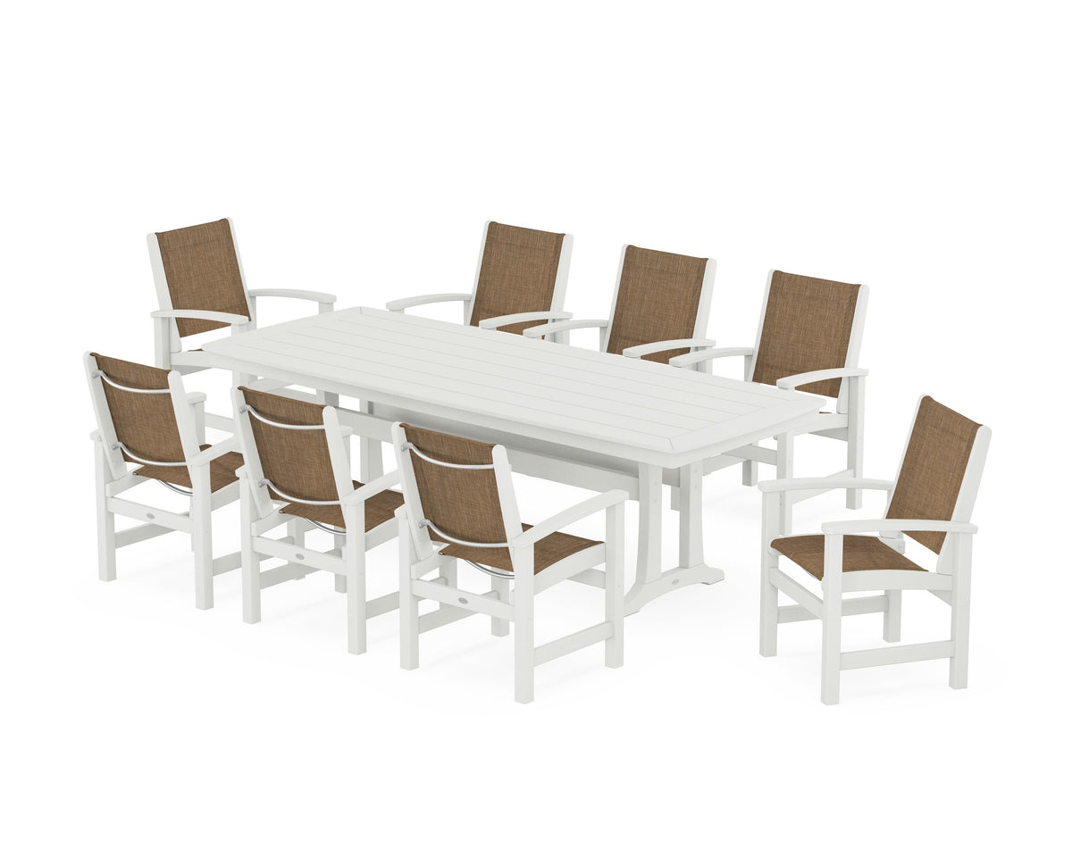 POLYWOOD Coastal 9-Piece Dining Set with Trestle Legs in Vintage White / Burlap