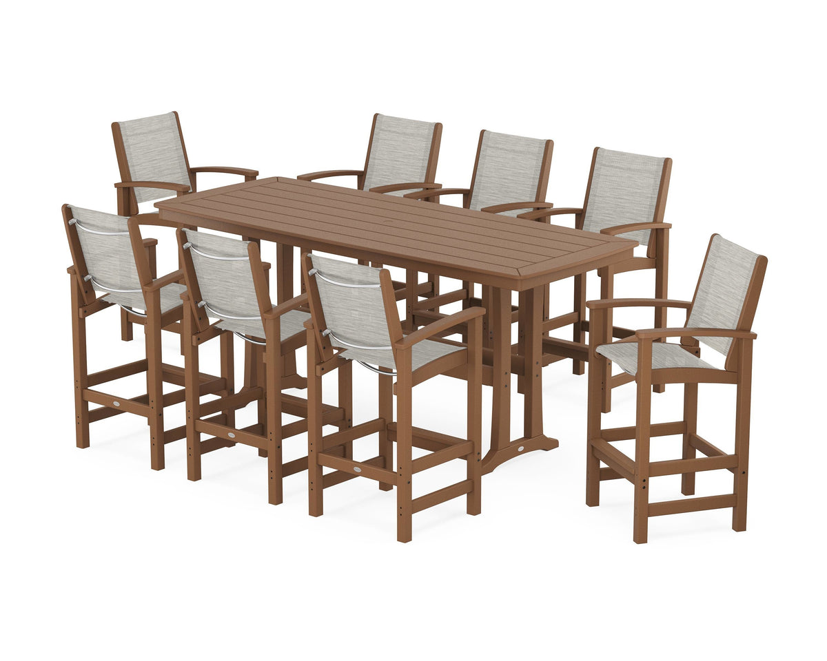 POLYWOOD Coastal 9-Piece Bar Set with Trestle Legs in Teak / Birch