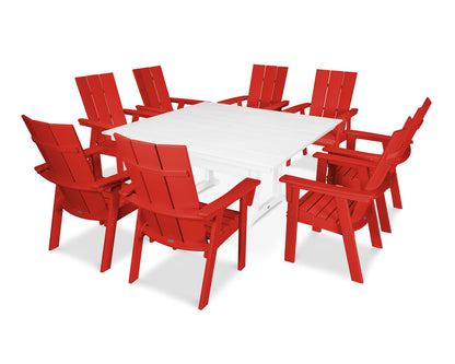 POLYWOOD Modern Curveback Adirondack 9-Piece Farmhouse Trestle Dining Set in Sunset Red / White