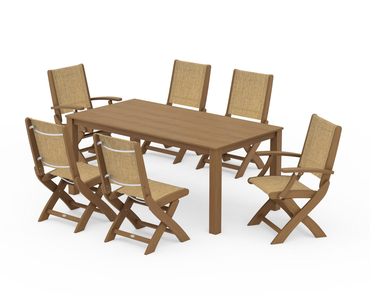 POLYWOOD Coastal Folding Chair 7-Piece Parsons Dining Set with Coastal Folding Side Chair in Natural / Burlap