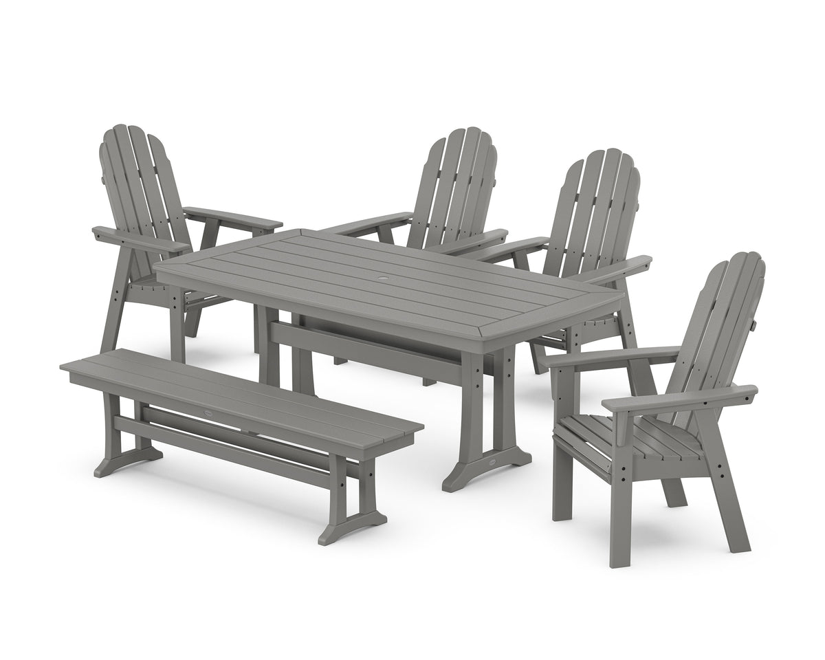 POLYWOOD Vineyard Curveback Adirondack Chair 6-Piece Dining Set with Trestle Legs and Bench in Slate Grey
