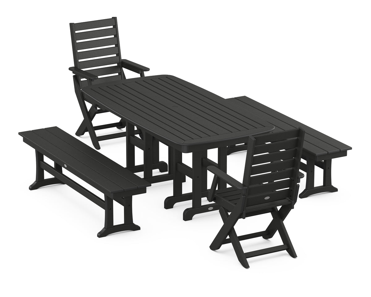 POLYWOOD Captain Folding Chair 5-Piece Dining Set with Benches - 37" x 72" Table in Black